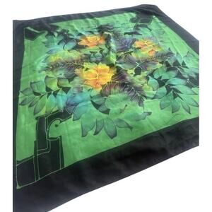 Artist Signed Hand Painted Silk Scarf Large Square Green Floral Wearable Art 34”